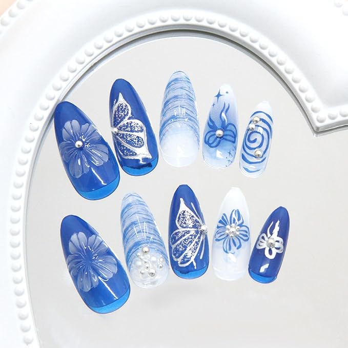 24Pcs Blue Almond Press on Nails Medium Fake Nails 3D Rhinestones Design Press on Nails Tips Butterfly Flower Pattern Full Cover Artificial Glue on Nails False Nail Cute Stick on Nail for Women