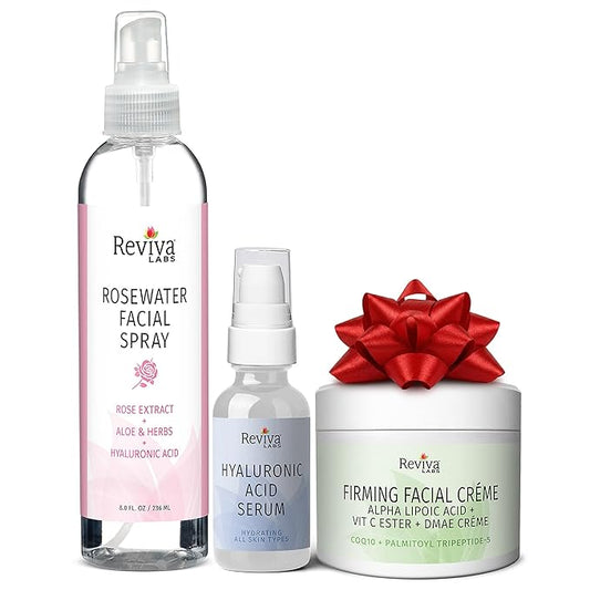 Reviva Labs Holiday Glow Skincare Gift Set – 3-Pc Face Care Kit with Hyaluronic Acid Serum, DMAE Lift & Firm Cream, and Rosewater Face Mist – Hydrating, Moisturizing & Firming Skincare Set for Women