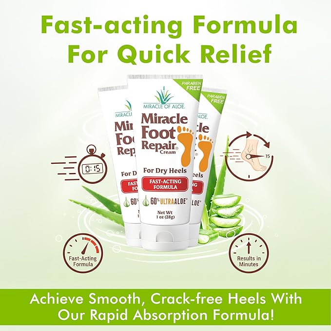 Miracle Foot Repair Cream (1 oz / 12 Pack) Repairs Dry Cracked Heels and Feet, 60% Pure Ultra Aloe Moisturizes, Softens, and Repairs