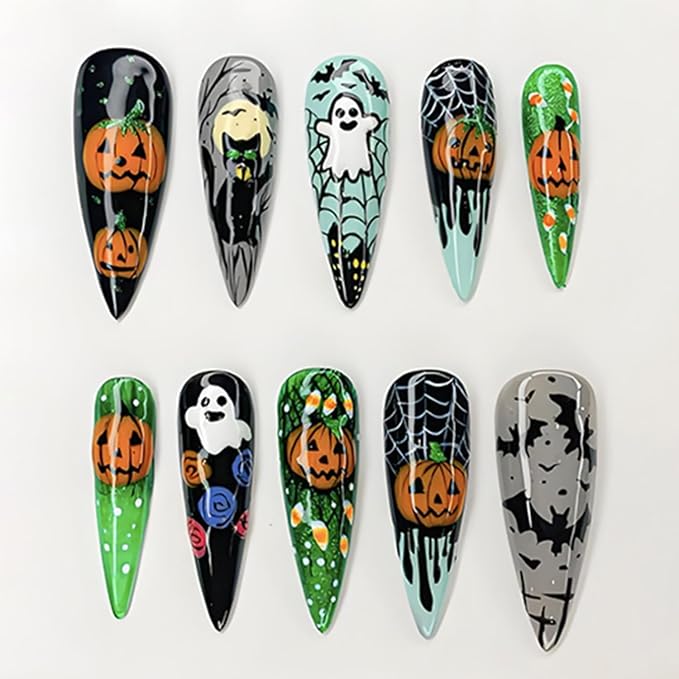 24Pcs Halloween Press on Nails Long Almond Fake Nails with Gothic Cat Pumpkin Bat Design Cute Ghost False Nails Black Green Full Cover Artificial Glue on Nails Halloween Stick on Nail for Women DIY