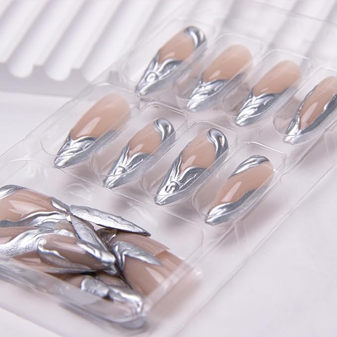 Silver Press on Nails Medium Almond Fake Nails 3D Line Stiletto False Nails with French Tip Acrylic Nails Silver Chrome Artificial Nails for Women Girls Manicure Art Decoration 24Pcs