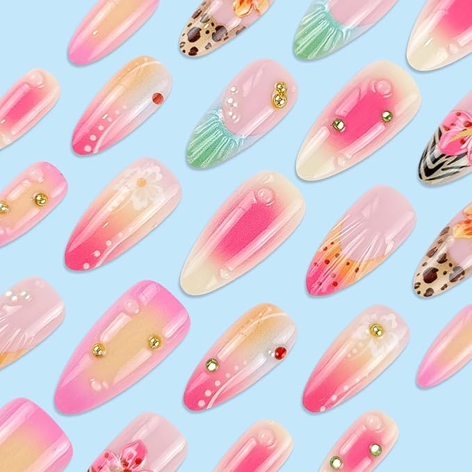 24Pcs Summer Flower Press on Nails Medium Almond Fake Nails with 3D Seashell Designs Pearl Rhinestones Glue on Nails French Tip Acrylic Nails Beach False Nails Hibiscus Flower Stick on Nails for Women