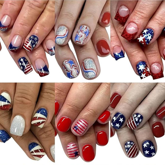 6 Packs (144 Pcs) 4th of July Press on Nails, Short Square Press on Nails, Star Fake Nails Red Blue Independence Day False Nails for Women, Stick on Nails Kit 12 Sizes-6Styles