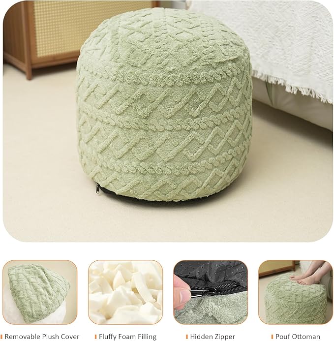 Round Stuffed Pouf Ottoman for Foot Rest, Faux Fur Poufs with Foam Chunk Filling, Storage Ottoman Pouf Foot Stool Cushion, 20 X 15 InchFloor Poufs Foot Rest for Living Room Bedroom Home Decor (Green)