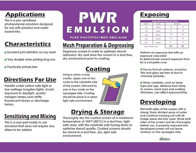 Ecotex® PWR Screen Printing Emulsion (Gallon - 128oz.) Pre - Sensitized Photo Emulsion for Silk Screens and Fabric - for Screen Printing Plastisol Ink and Water Based Ink, Screen Printing Supplies