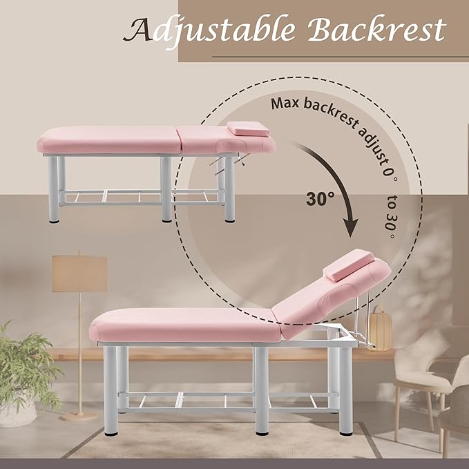Stationary Massage Bed Professional Adjustable Massage Table Spa Bed 73" x27.5”Stationary Physical Therapy Table with Memory Foam Salon Bed w/Removable Headrest Pink