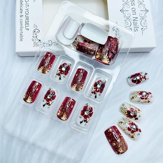 24Pcs Red Flower Press on Nails Medium Square Fake Nails Gold Floral Leaf False Nails with Rhinestones Glossy Design Summer Artificial Nails Full Cover Glue on Nails for Women DIY Acrylic Nails Kit