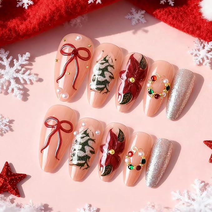 24Pcs Christmas Press on Nails Medium Almond Fake Nails 3D Red Bow with Silver Glitter Pearl Rhinestones Design Christmas Tree Wreath Flowers False Nails Christmas Glue on Nail for Women Manicure DIY