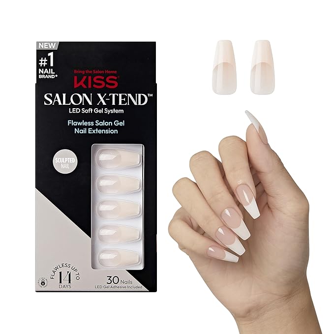 KISS Salon X-tend, Press-On Nails, Nail glue included, 'Trustfall', Beige, Long Size, Coffin Shape, Includes 30 Nails, 5Ml Led Soft Gel Adhesive, 1 Manicure Stick, 1 New Mini File, New Prep Pad