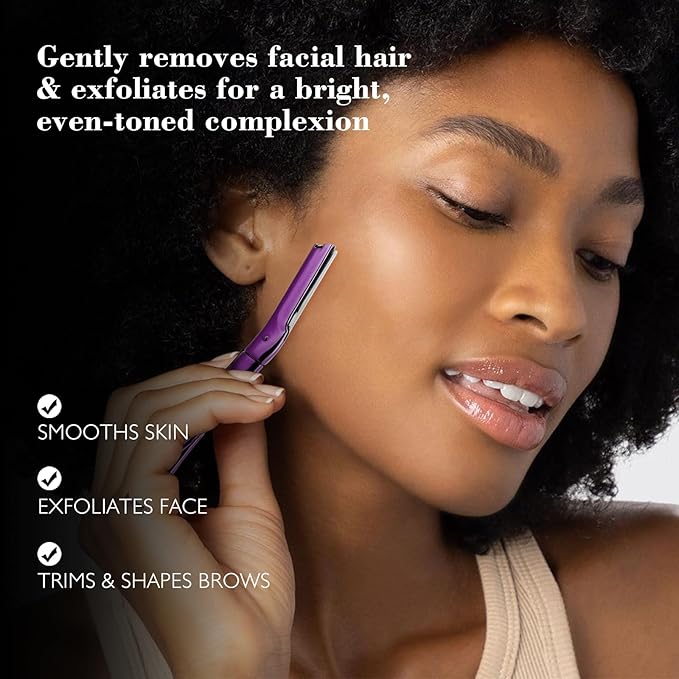 Dermaplane Razor for Women and Men, Eyebrow Razor with Precision Cover, Peach Fuzz Dermaplaning Tool, Exfoliating Facial Razor Reusable Metal Handle with 6 Blades - Purple