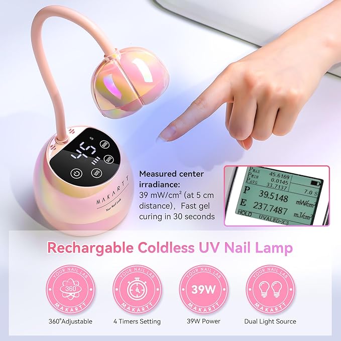 Makartt UV LED Nail Lamp - Gooseneck UV Light for Nails Cordless Rechargeable USB 39W Dryer LED Lamp with Auto Sensor 4 Timer Settings Fast Curing for Nail Art Polish (Glazed Pink)