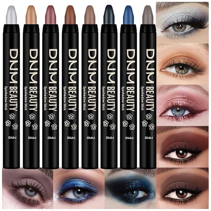 evpct 8Pcs Cream Eye Shadow Brightener Sticks Set for Eyes, Silver Sand Gold Orchid Rose Mocha Deep Mauve Midnight Royal Blue Stone Shimmer Matte Pencil Eye shadow Crayon Stick Palette Makeup Set07