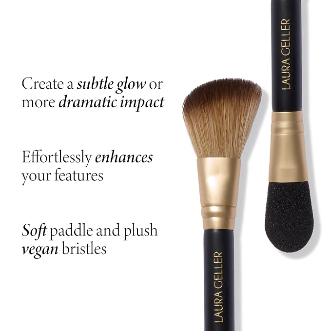 LAURA GELLER NEW YORK Dual-Ended Highlighter Brush - Multipurpose Makeup Brush for Highlighter, Blush, Bronzer and More - Includes Dual-Fiber Vegan Bristles and Satin Paddle for Flawless Application