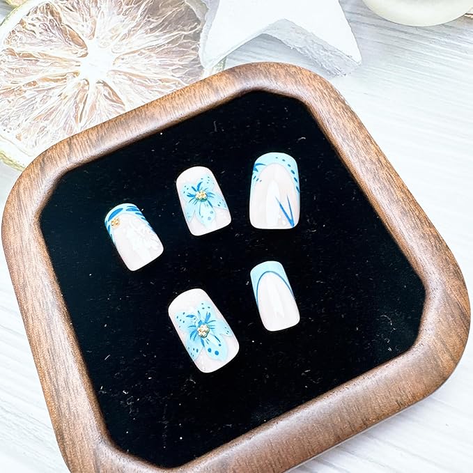 24pcs French Tip Press on Nails Short Square Blue Flower Fake Nails with Gold Beads Designs Summer False Nails Kit Cute Floral Glue on Nails Full Cover Stick on Nails for Women Nail Decoration
