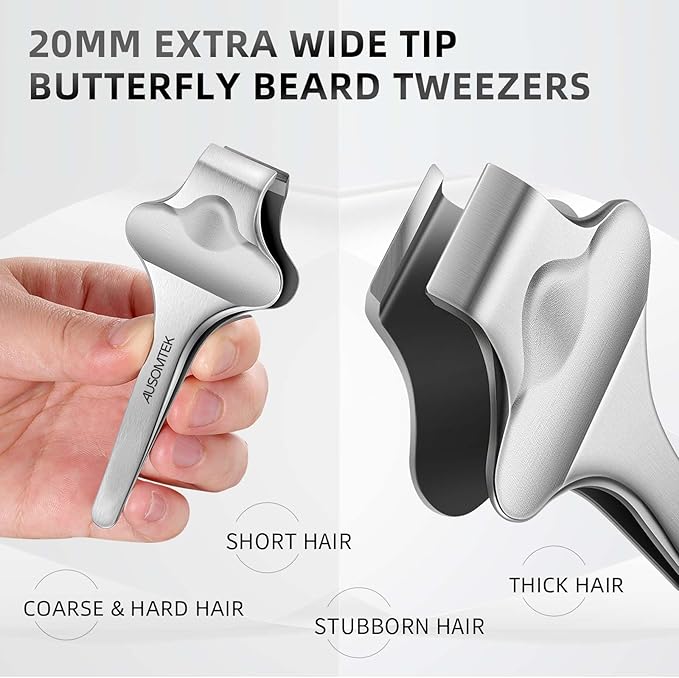Butterfly Beard Tweezers, Hair Plucking, Fine Hair Removal Tweezers, Eyebrows Tool, Stainless Steel, 20mm Wide Tips, Anti-Slip Slot, Brown PU Case 1Pack