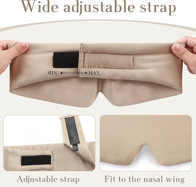 100% Mulberry Silk Sleep Mask Eye Mask for Women Man with Adjustable Band, for Side Sleeper Blackout Sleep Mask for Travel Rest and Office Large Size (Taupe)