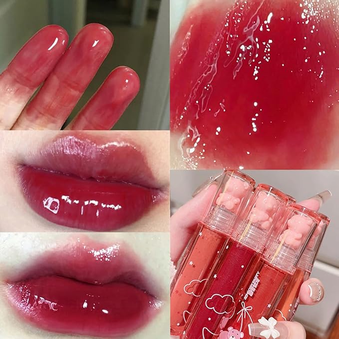 3 Colors Bear Lip Gloss,Jelly Lip Glaze,Cute Liquid Lipstick Bear Lip Stain Watery Lipgloss Plumping Lip Tint Moisturizing Waterproof Long Lasting for Lip and Cheek