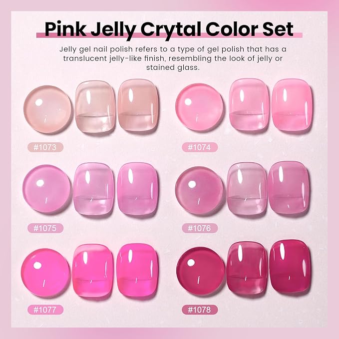 RARJSM Nude Pink Jelly Gel Nail Polish Set 6pcs Clear Crytal Stained Glass Purple Pink Series Transparent Sheer Amber Milky Gel Varnish LED UV Curing Requires Soak off French Manicure Home Salon