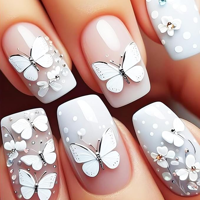 24Pcs White Press on Nails 3D Butterfly Stick on Nails Short Square Acrylic False Nails Glossy Black Gradient Fake Nails Polk Dot Gel Glue on Nails for Coquette Women Girls