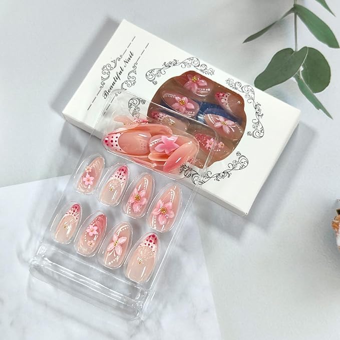 24Pcs Pink Press on Nails Almond Medium Fake Nails with 3D Flower Butterfly Design French Tip False Nails Glossy Glue on Nails Full Cover Summer Stick on Nail for Women Manicure Decor