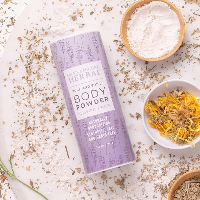 Ora's Amazing Herbal Talc Free Body Powder for Women, Cornstarch Free Talcum Dusting, Grounding Relaxation Scent, Essential Oils Lavender, Vetiver, Clary Sage, Blissful Earth 2.5 oz