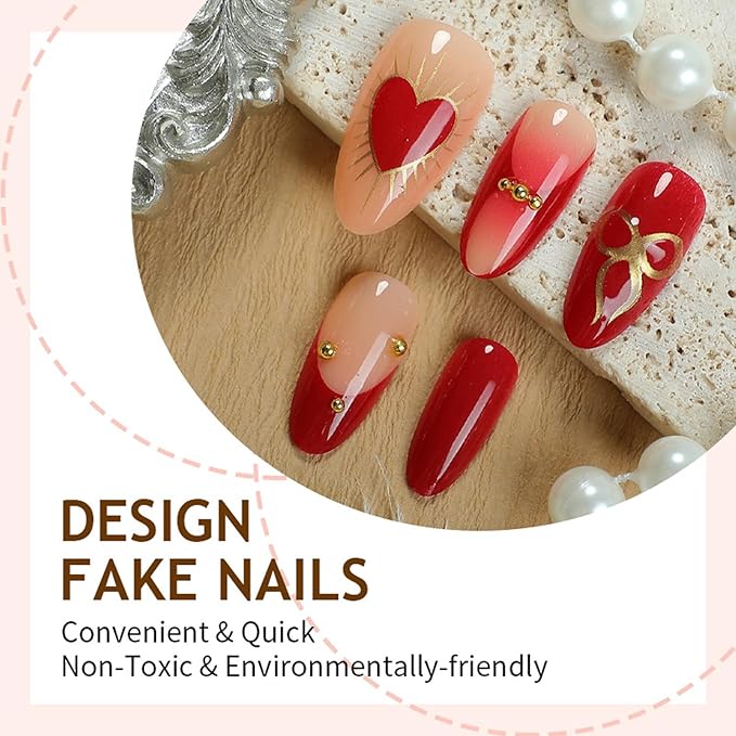 30Pcs Red Press on Nails Medium Almond-Shaped Fake Nails Bow Gold Line Design French Nail Tips Shiny Stars False Nails Cute Stick on Nails Heart Nail Handmade Full Cover Artificial Nail for Women