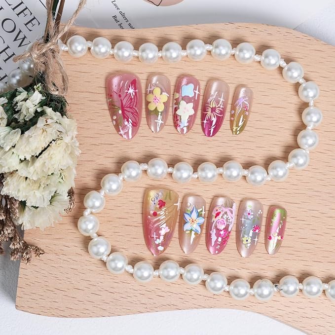 30Pcs Handmade Press on Nails Medium Almond Fake Nails 3D Flower False Nails with Pearl Rhinestones Design Summer Glue on Nails Cute Colorful Floral Acrylic Nails Full Cover Artificial Nails for Women
