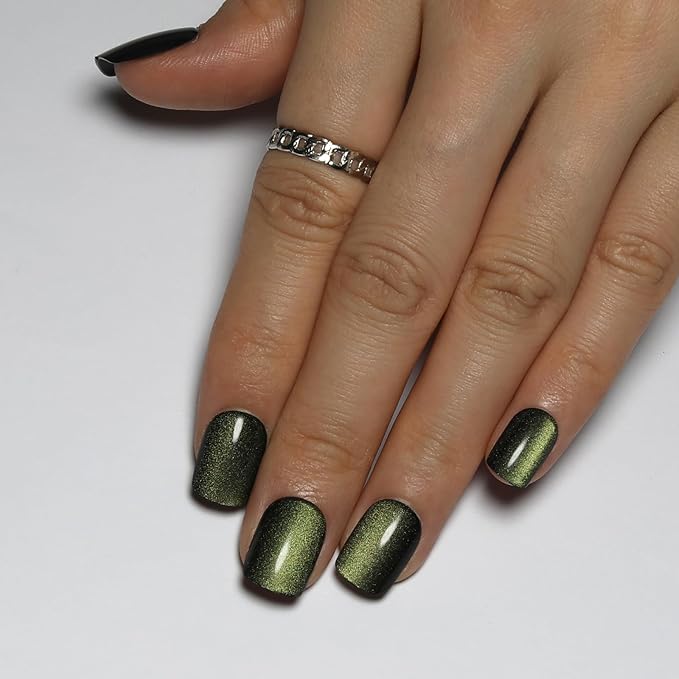 Short Square Press on Nails, Moss Green to Black Gradient Cat Eye Press on Nails with Glue for Women Ashionable Gel False Nails Reusable Acrylic False Nails Women's Glitter Nails Glue On Nails Kit