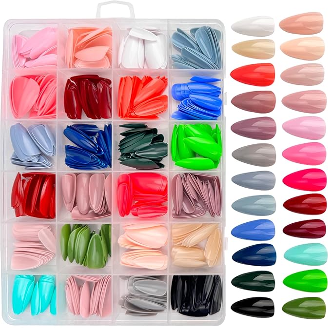576pcs Almond Press on Nails Medium Fake Nails Solid Color Press on Nails Full Cover Short Nails Press ons Glossy Acrylic Artificial False Nail Tips for Women Girls Nail Art Manicure