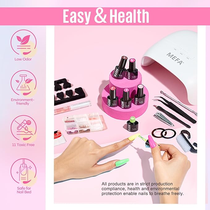 MEFA 32 Colors Gel Nail Polish Kit with U V Light, Spring Bright Pastel 60Pcs Pink Gel Polish Nail Set with Matte/Glossy Base Top Coat Essential Manicure Tools Nails Art Decorations Women Gifts