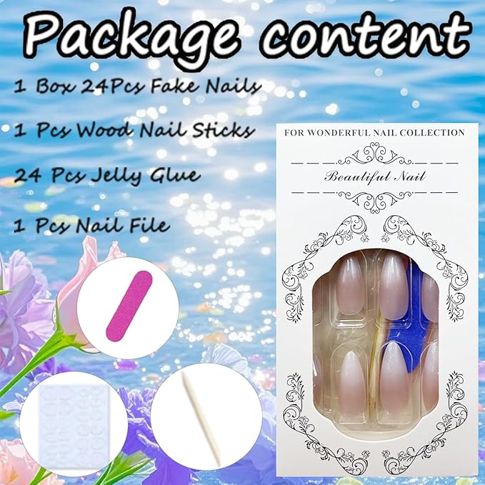 Glitter Nude White Press on Nails Medium Almond Fake Nails Glossy Gradient Acrylic Nails French Press on Nails with Designs Artificial False Nails Full Cover Stick on Nails for Women 24 Pcs
