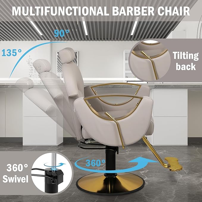 Salon Chair for Hair Stylist, Reclining Hair Barber Chair with Heavy Duty Hydraulic Pump, Up to 440 Lbs, 360 Degrees Swivel Beauty Spa Equipment for Salon Barbershop, Grey Glod