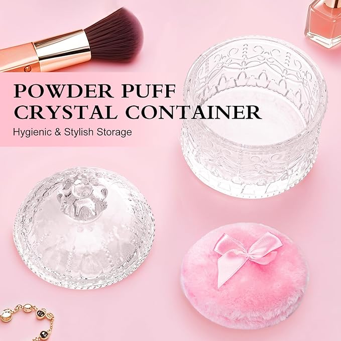 2 Pcs Large Body Powder Puff and Container Powder Container with Puff, Dusting Powder Puff Crystal Case, Body Powder for Women Soft Washable Reusable Velour Face Body Glitter Wet Dry Makeup(Crown)