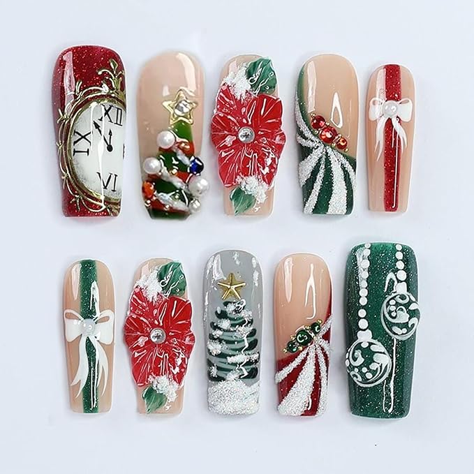 24Pcs Christmas Press on Nails Long Square French Tip Fake Nails 3D Flower Acrylic Nails Christmas Tree with Rhinestones Design Winter False Nails Reusable Handmade Stick on Nail for Women Manicure
