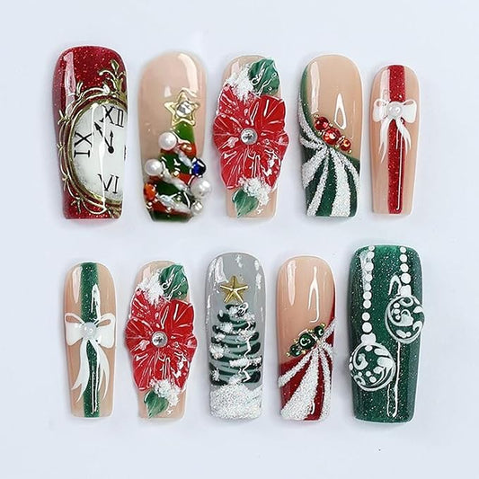 24Pcs Christmas Press on Nails Long Square French Tip Fake Nails 3D Flower Acrylic Nails Christmas Tree with Rhinestones Design Winter False Nails Reusable Handmade Stick on Nail for Women Manicure