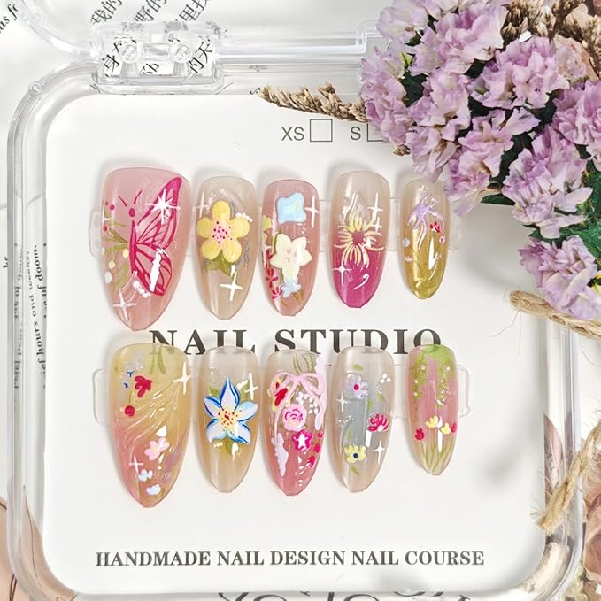 24Pcs Flower Press on Nails Medium Almond Fake Nails Colorful Flowers Bow Butterfly with Rhinestones Designs Full Cover Cute Stick on Nails Summer False Nails for Women Girls Artificial Acrylic Nails