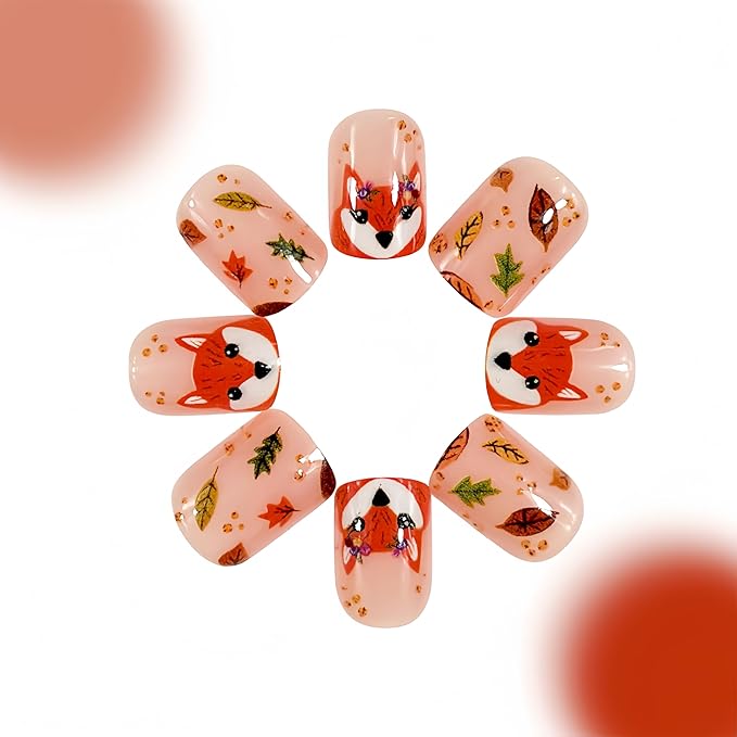 24Pcs Fall Press on Nails Short Square Fall Fake Nails with Cute Fox Maple Leaf Design Glue on Nails Orange Stick on Nails Glossy Thanksgiving Maple Leaves Full Cover Artificial Nails for Women