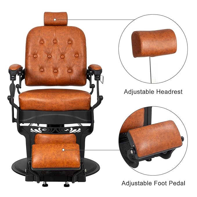 Winado Heavy Duty Vintage Recline Barber Chair Hydraulic with Headrest, Supports up to 700lbs & 360° Rotatable, Professional Salon Beauty Spa Shampoo Equipment (Brown - Square Backrest)