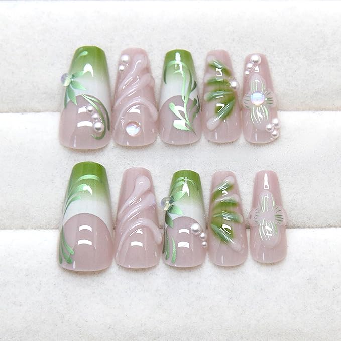 24Pcs Green Press on Nails Medium Square Fake Nails with Vine Gradient French Pearl Design Nude False Nail Full Cover Artificial Nails Cute Stick on Nail Pearl Nail for Women DIY Manicure