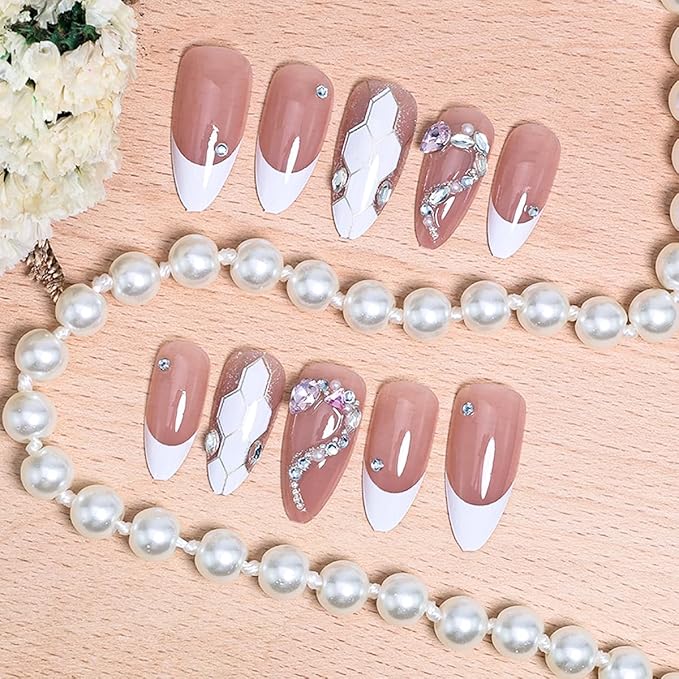 French Tip Press on Nails Medium Almond Fake Nails 3D Snake Rhinestones Design Nude Pink Acrylic Nails White French Nails Tip Glossy Glue on Nails Full Cover Artificial False Nails for Women 24Pcs