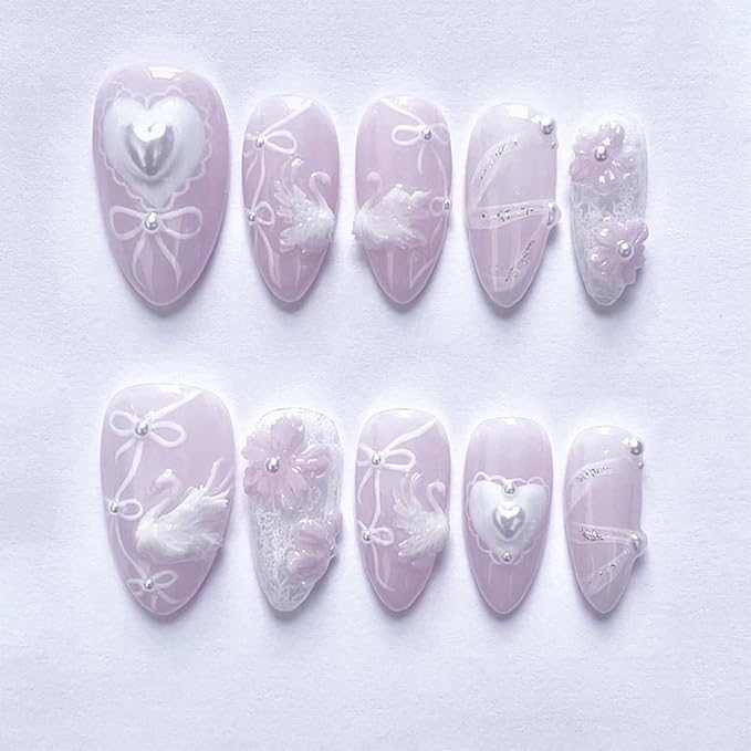 24pcs Flower Press on Nails Medium Almond Fake Nails with 3D White Swan Pearl Designs Cute False Nails Bow Heart Glue on Nails Full Cover Acrylic Nails Stick on Nails for Women Nail Decoration