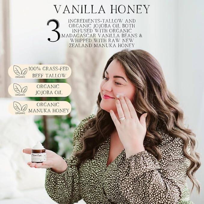 100% Grass-Fed Whipped Tallow Balm & Organic Jojoba Oil infused Organic Madagascar Vanilla Beans/Manuka Honey: face/body moisturizer for dry, sensitive skin/eczema (VANILLA HONEY)