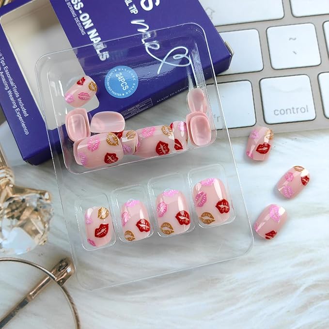 24Pcs Valentines False Nails Short Press on Nails Square Fake Nails Colourful Lip Design Acrylic Nails Nude Pink Glue on Nails Sexy Lips Artificial Stick on Nails for Women Valentines Nails Decor