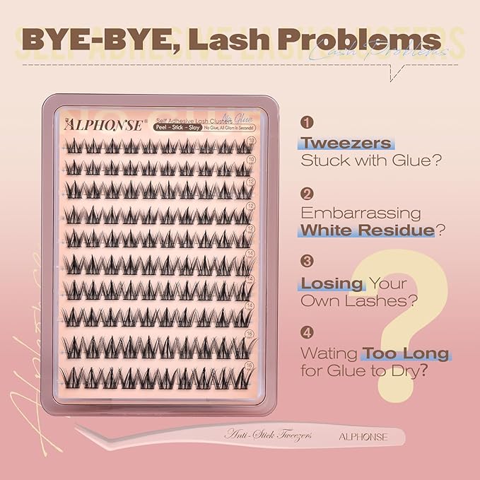 Self Adhesive Eyelashes Manga Lash Clusters No Glue Needed Self Adhesive Lashes 10-16mm Eyelash Clusters Press on lashes Natural C-Curly Pre Glued Eyelashes with Anti-Stick Tweezers by ALPHONSE