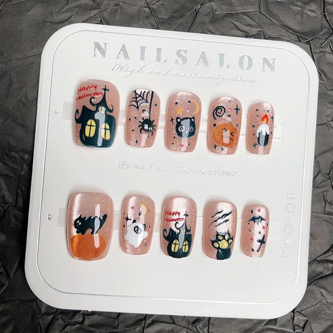 30Pcs Cute Cat Press on Nails Short Halloween Fake Nails with Goth Spider Web Pumpkin Bat Ghost Designs Pink Cat False Nails Full Cover Artificial Glue on Nails Star Stick on Nails for Women DIY