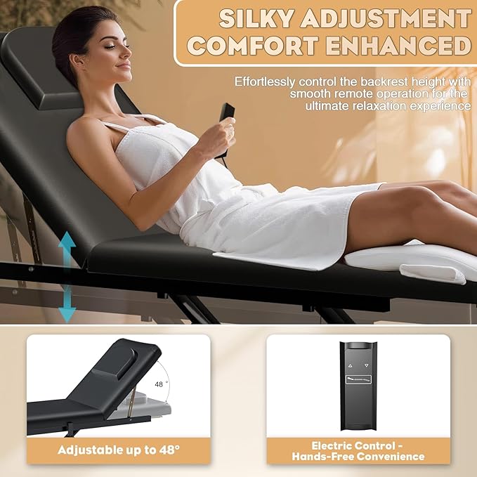 Electric Adjustable Backrest Massage Table for Esthetician, Heavy Duty Professional Electric Lift Massage Bed for Spa Treatment, Salon, Physical Therapy, Facial, Tattoo, Reiki, and Beauty, Black