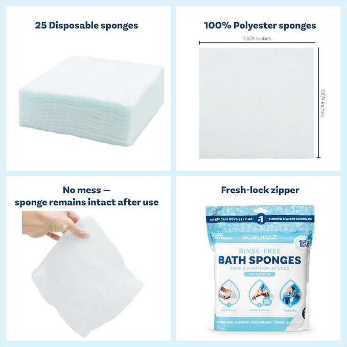 Scrubzz Disposable No Rinse Bathing Wipes - All-in-1 Single Use Shower Wipes, Simply Dampen, Lather, and Dry Without Shampoo or Rinsing (Unscented, 2-Pack)