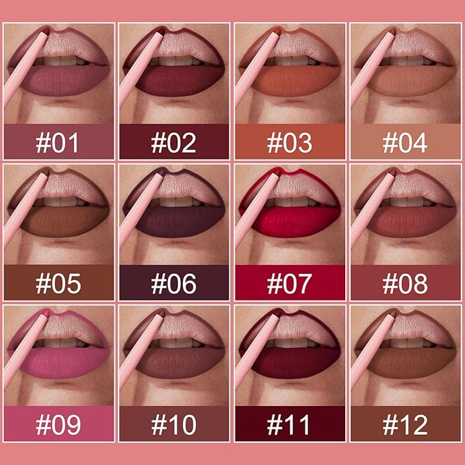 12 Colors Retractable Lip Liner Kit for Define & Sculpting Lips Shades, Long Lasting Waterproof High Pigment Matte Finish Creamy Texture Lip Liner Pencil Set for Women