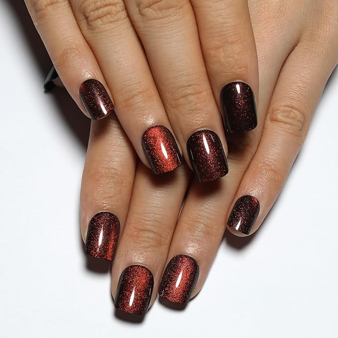 Wine Red Press On Nails Short – Square Cat Eye Fake Nails with Color-Shifting Glow, Reusable Stick On Nails, 15 Sizes, 30 Nail Kit with Glue, Thick Glue On Nails for Women, M5-Crimson Spell
