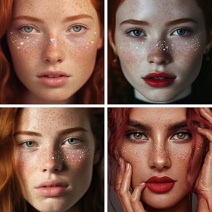 8PCS Glitter Freckles, Glitter Freckles Face Tattoo, Sparkle Freckles for Women and Kids, Cute Star Waterproof Gold Temporary Face Tattoos Glitter Glow Up Patches (8PCSB Holographic Multicolor)
